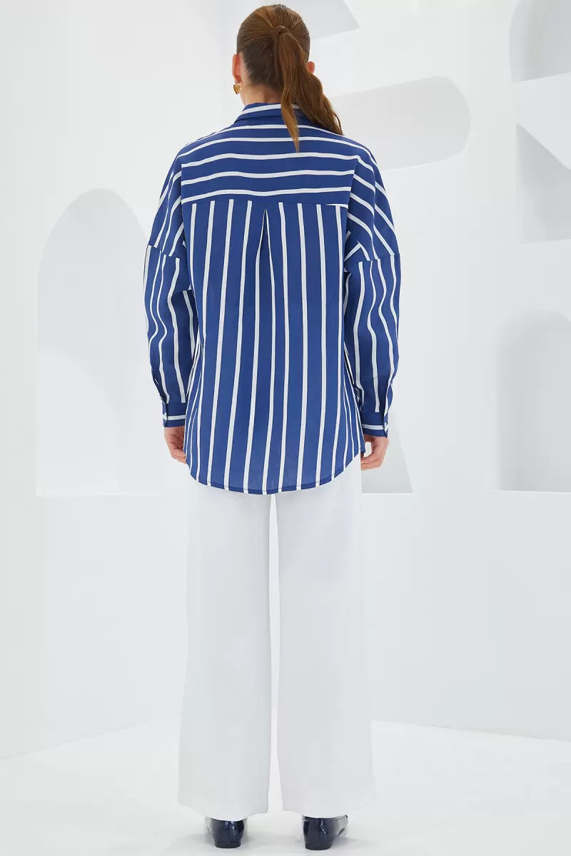 Kadın Basic Oversize Çizgili Lacivert Gömlek