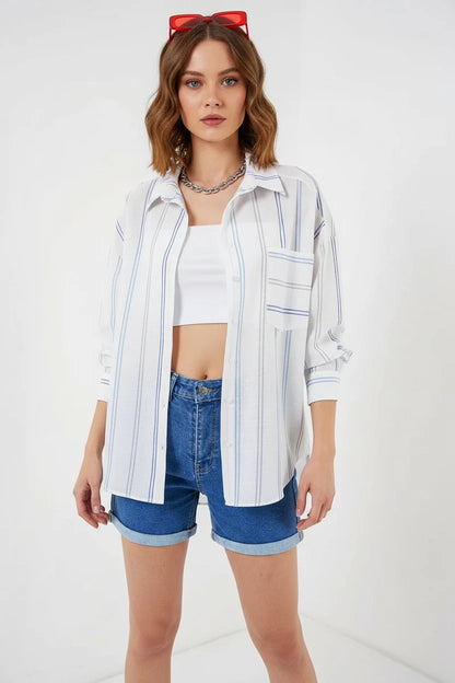 Kadın Oversize Çizgili Pamuklu Gömlek