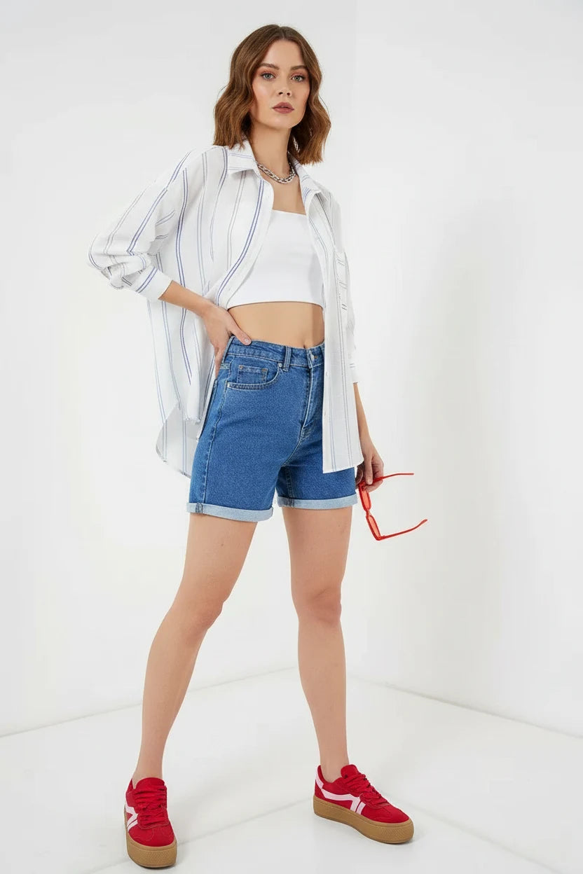 Kadın Oversize Çizgili Pamuklu Gömlek