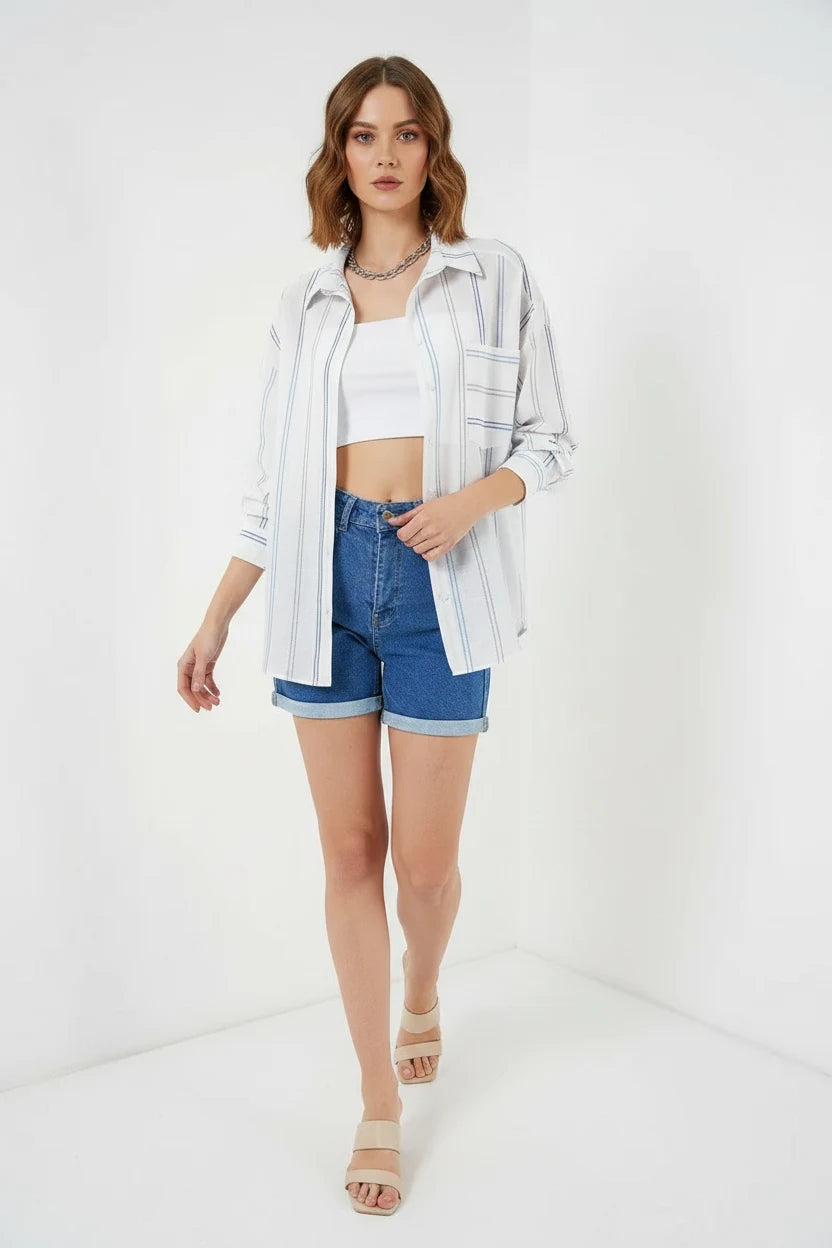 Kadın Oversize Çizgili Pamuklu Gömlek