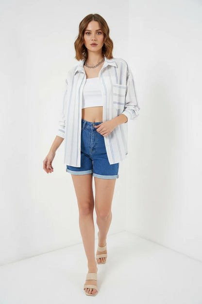 Kadın Oversize Çizgili Pamuklu Gömlek