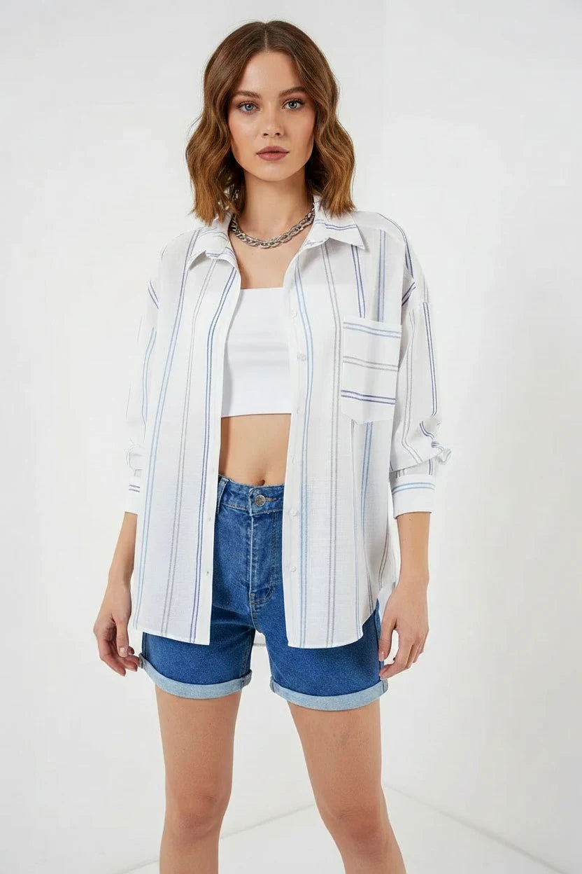 Kadın Oversize Çizgili Pamuklu Gömlek