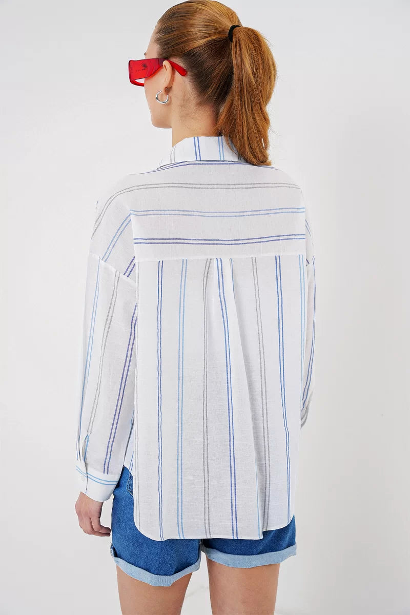Kadın Oversize Çizgili Pamuklu Gömlek