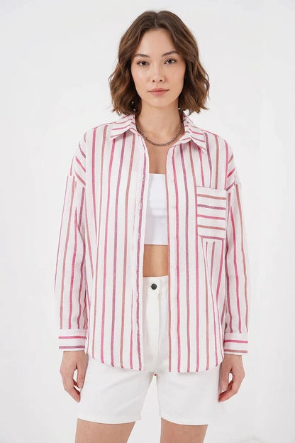 Kadın Oversize Çizgili Pamuklu Gömlek