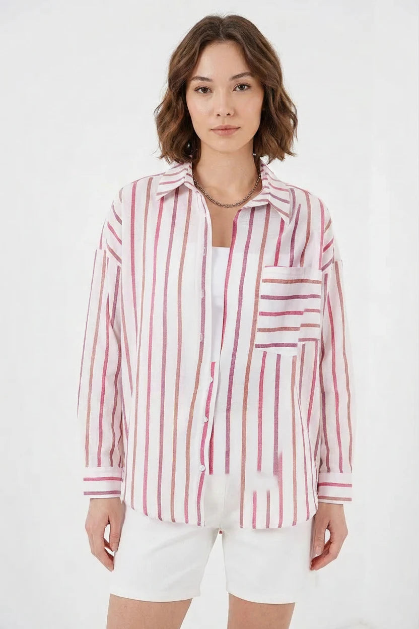 Kadın Oversize Çizgili Pamuklu Gömlek