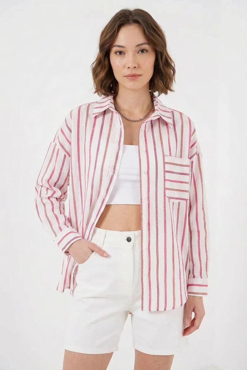 Kadın Oversize Çizgili Pamuklu Gömlek