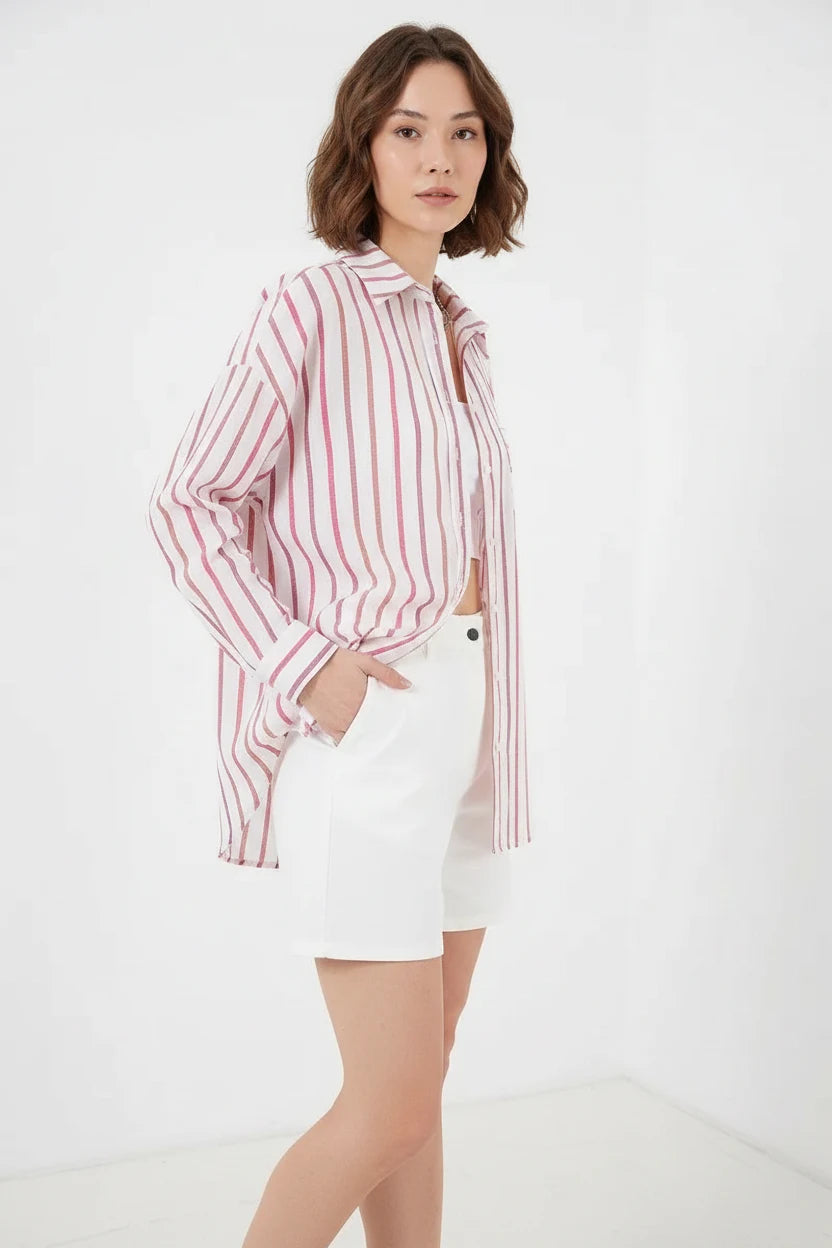 Kadın Oversize Çizgili Pamuklu Gömlek
