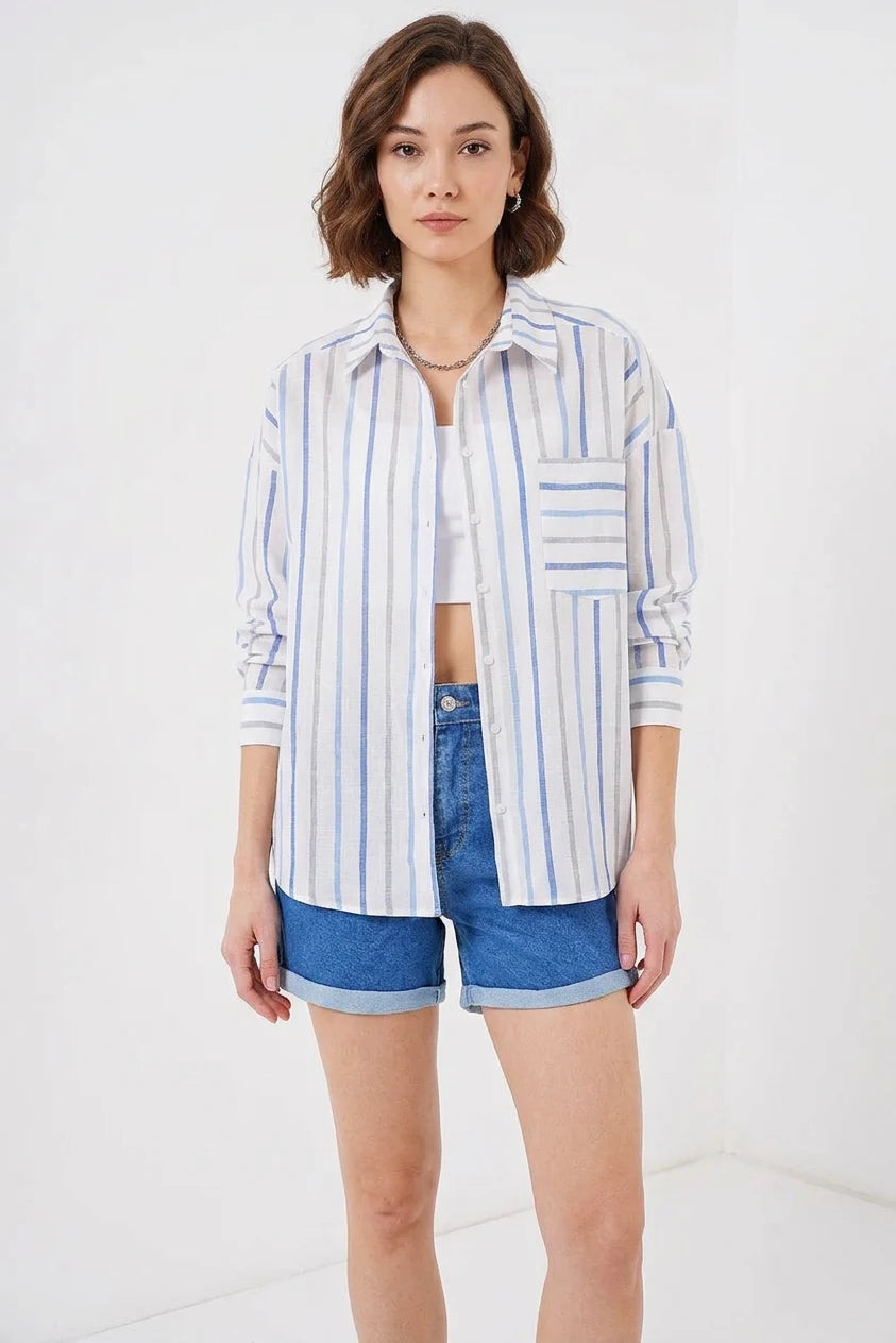 Kadın Oversize Çizgili Pamuklu Gömlek