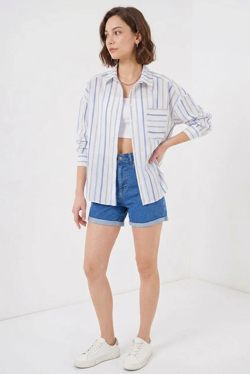 Kadın Oversize Çizgili Pamuklu Gömlek