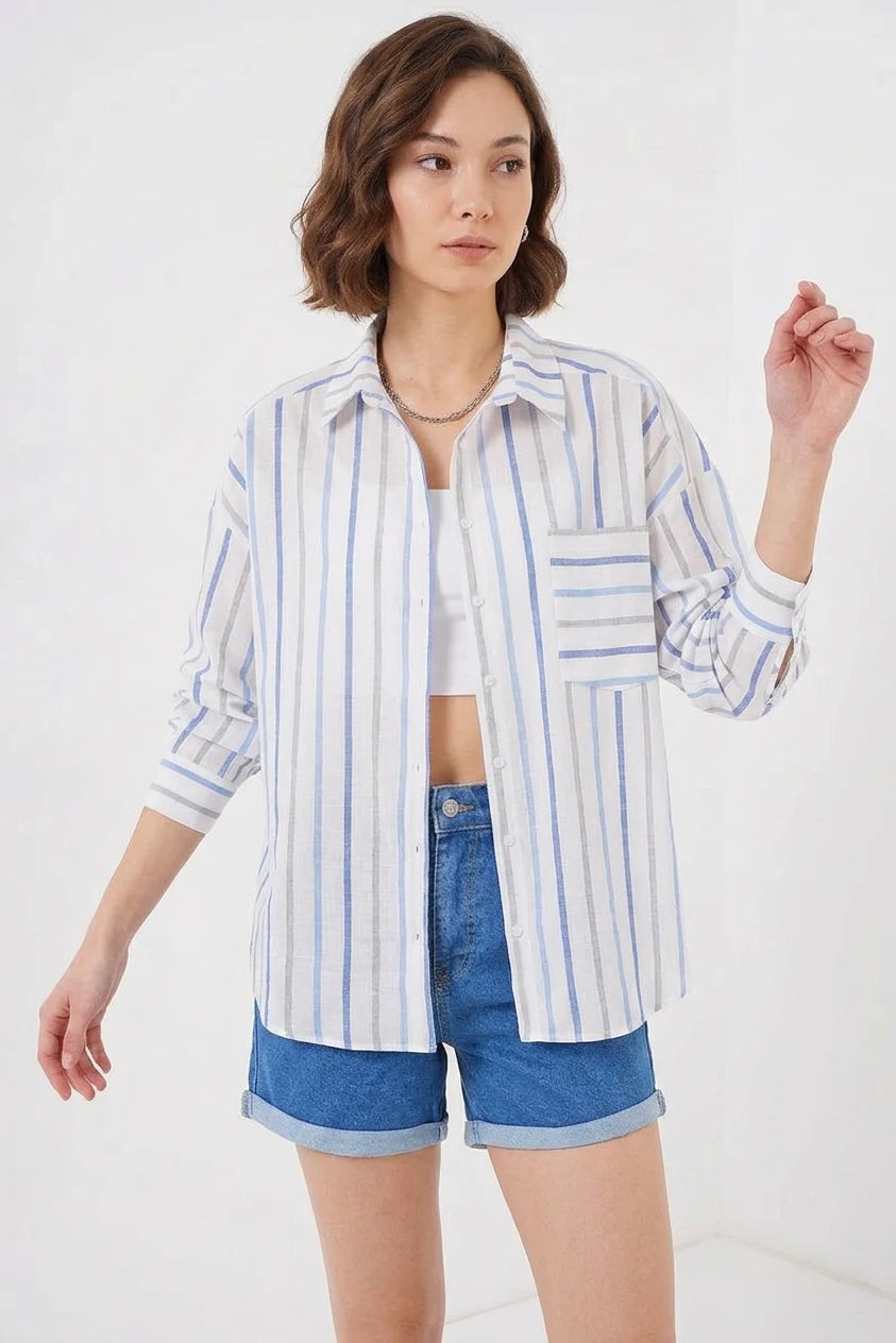 Kadın Oversize Çizgili Pamuklu Gömlek