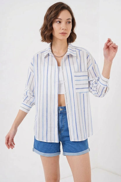Kadın Oversize Çizgili Pamuklu Gömlek