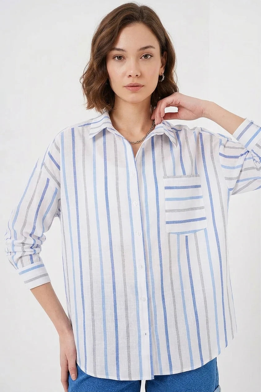 Kadın Oversize Çizgili Pamuklu Gömlek