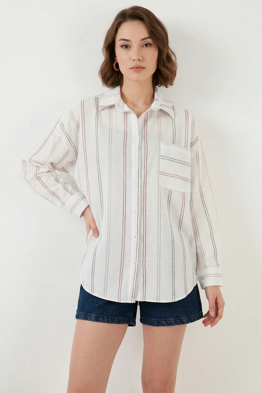Kadın Oversize Çizgili Pamuklu Gömlek