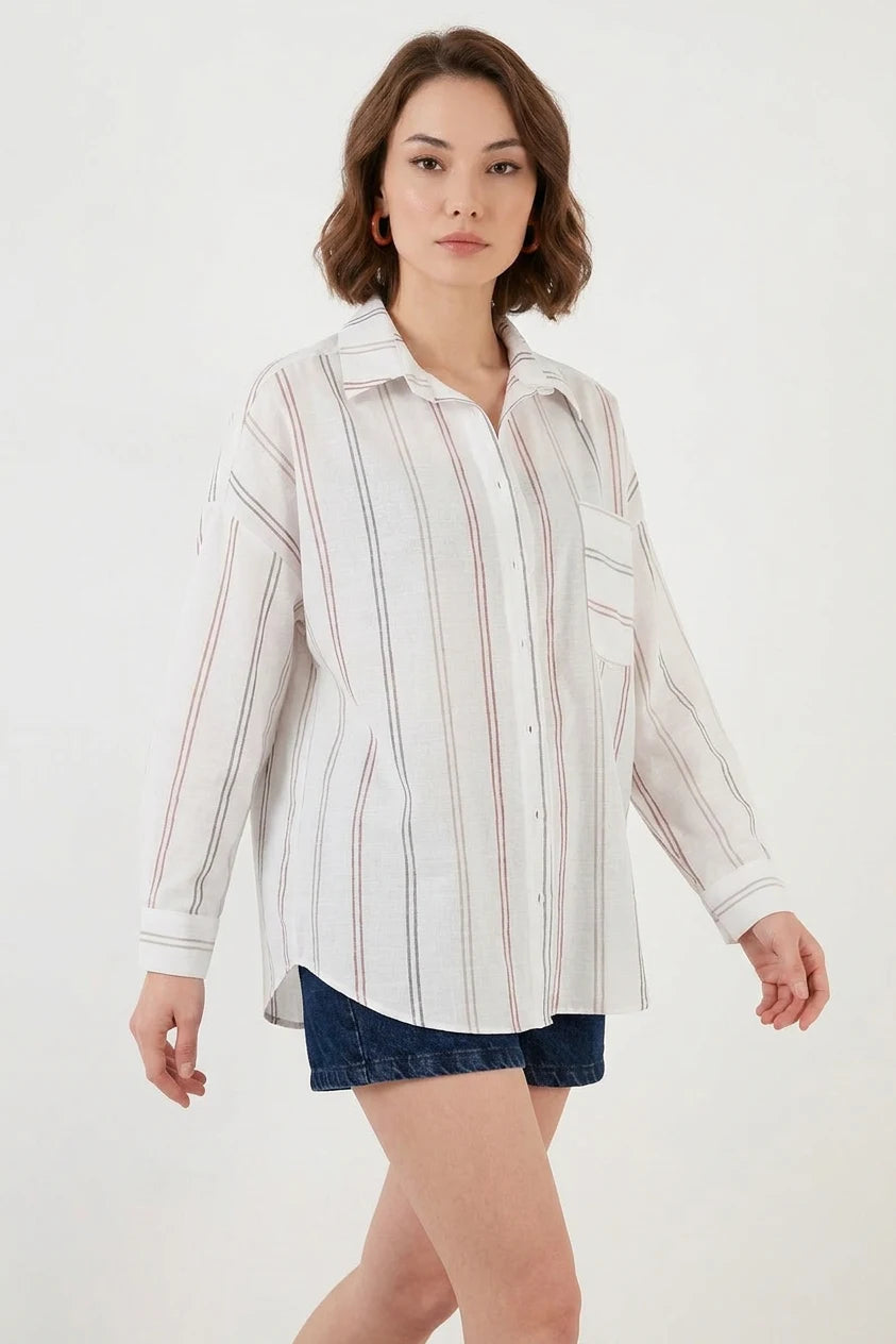 Kadın Oversize Çizgili Pamuklu Gömlek