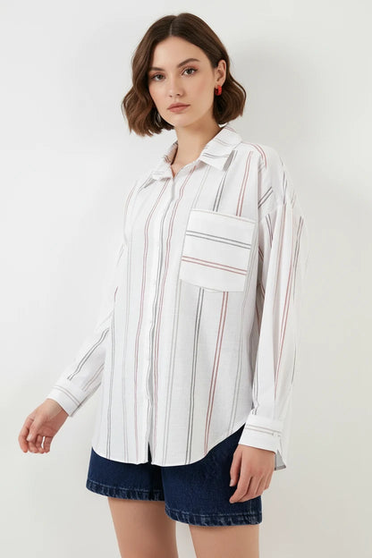 Kadın Oversize Çizgili Pamuklu Gömlek