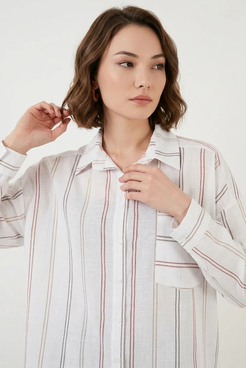 Kadın Oversize Çizgili Pamuklu Gömlek