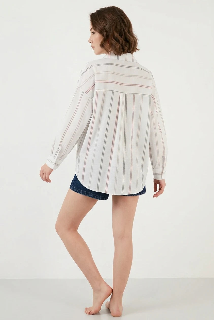 Kadın Oversize Çizgili Pamuklu Gömlek