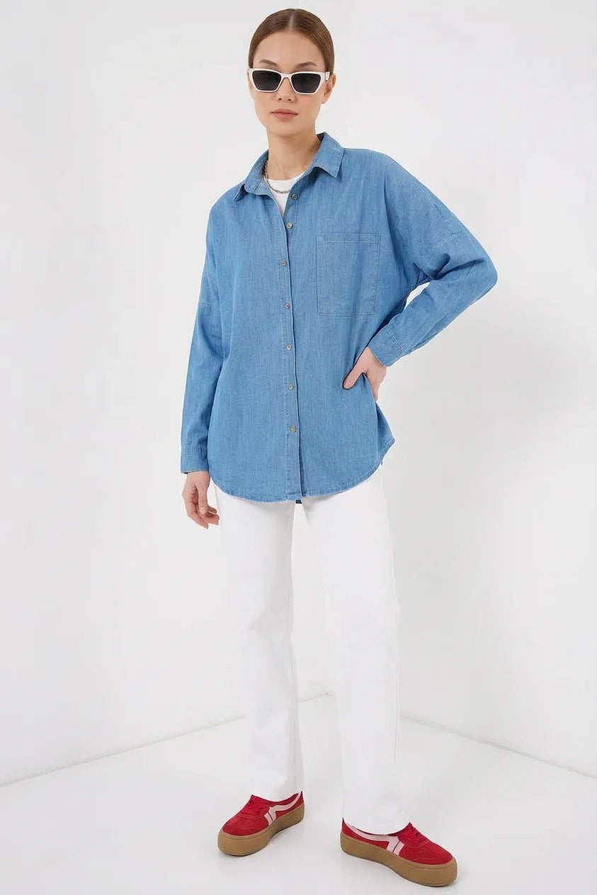 Kadın Oversize Kesim Pamuklu Gömlek