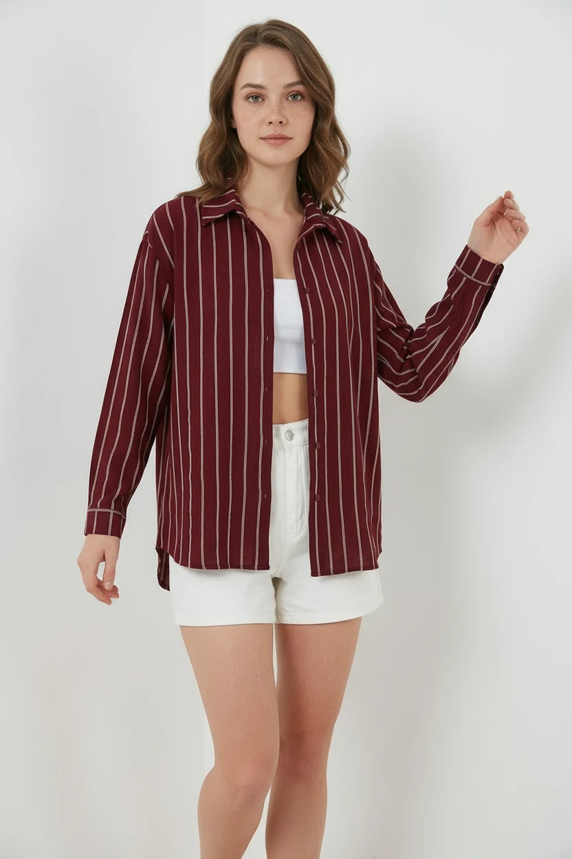 Kadın Oversize Çizgili Viskon Gömlek – Renk Seçenekleri 1