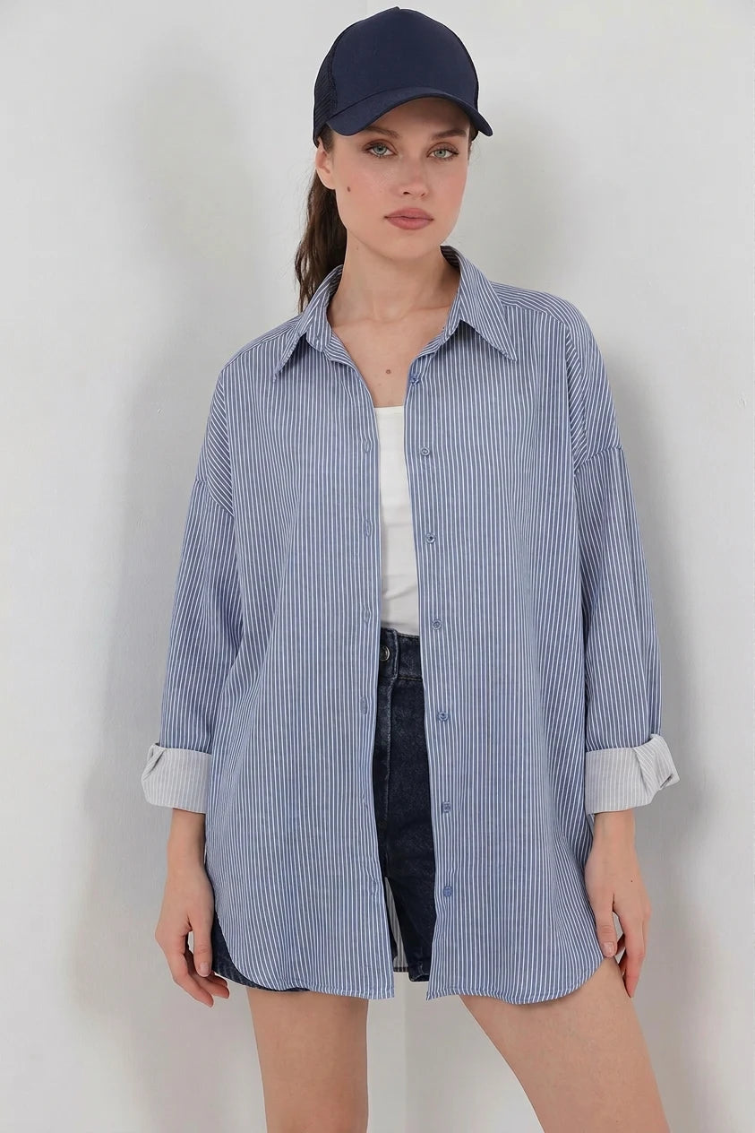 Kadın Oversize Çizgili Viskon Gömlek – Renk Seçenekleri 1
