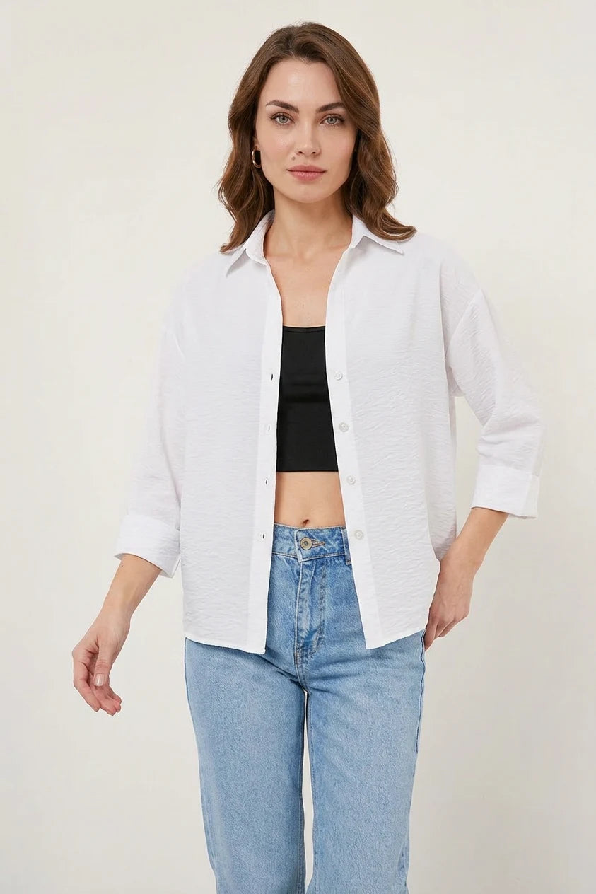 Kadın Oversize Kısa Kol Viskon Beyaz Gömlek