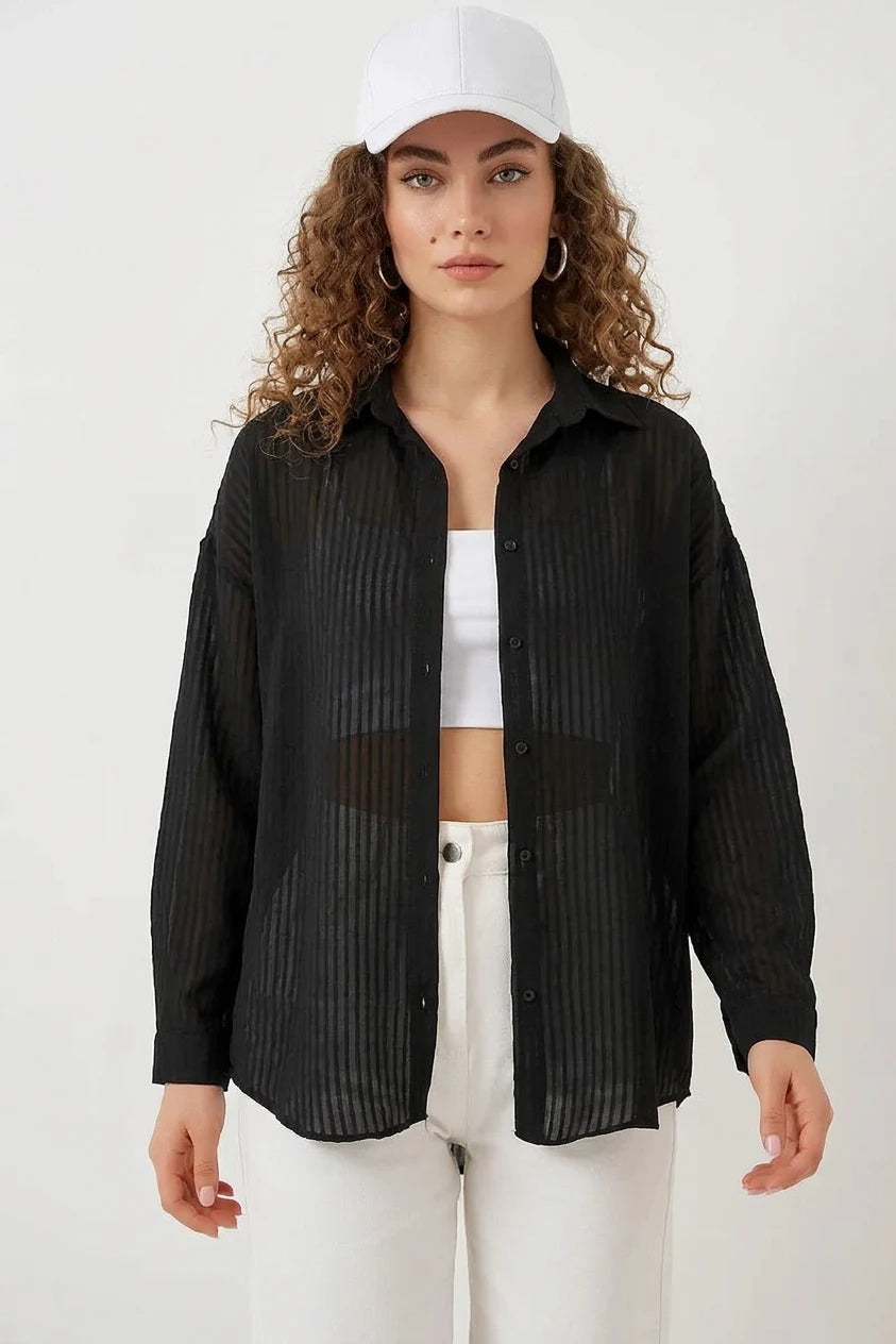 Kadın Oversize Dikey Çizgili Viskon Gömlek