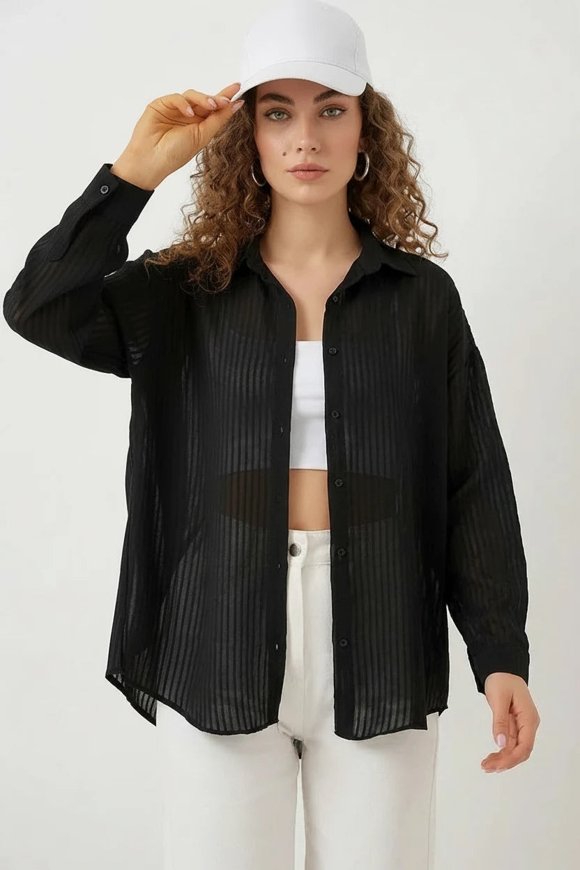 Kadın Oversize Dikey Çizgili Viskon Gömlek
