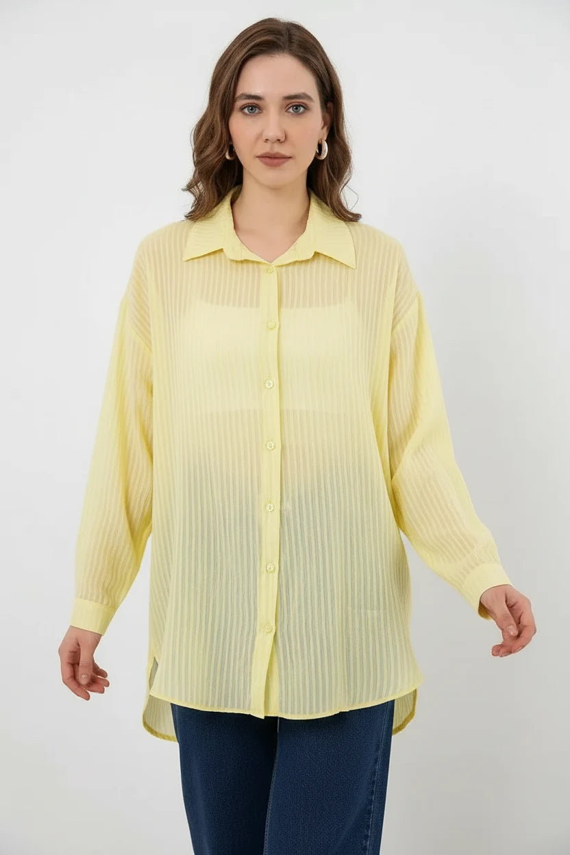 Kadın Oversize Dikey Çizgili Viskon Gömlek