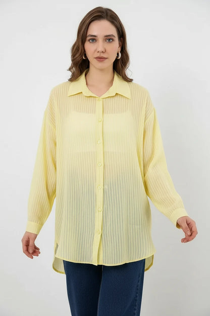 Kadın Oversize Dikey Çizgili Viskon Gömlek
