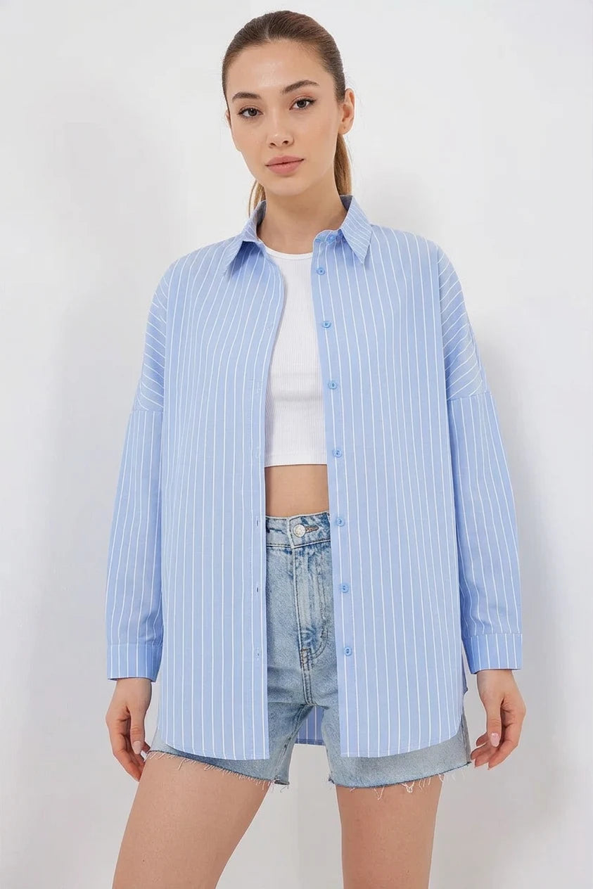 Kadın Oversize Çizgili Pamuklu Gömlek
