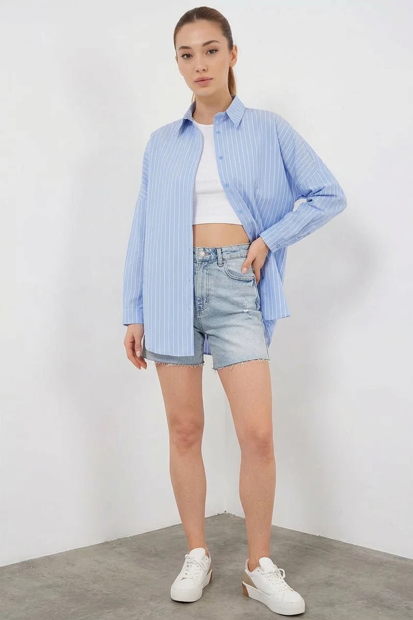 Kadın Oversize Çizgili Pamuklu Gömlek