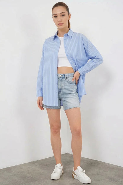 Kadın Oversize Çizgili Pamuklu Gömlek