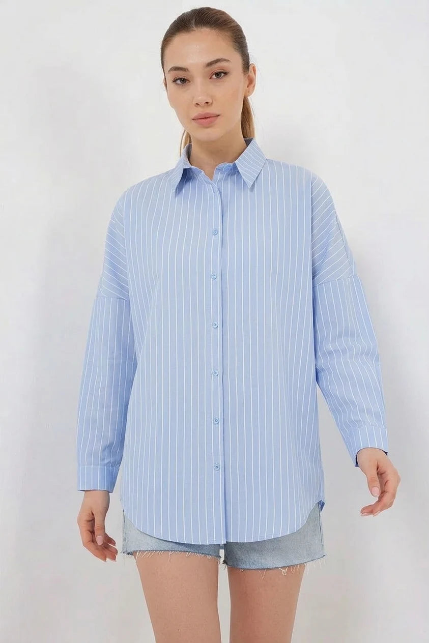 Kadın Oversize Çizgili Pamuklu Gömlek