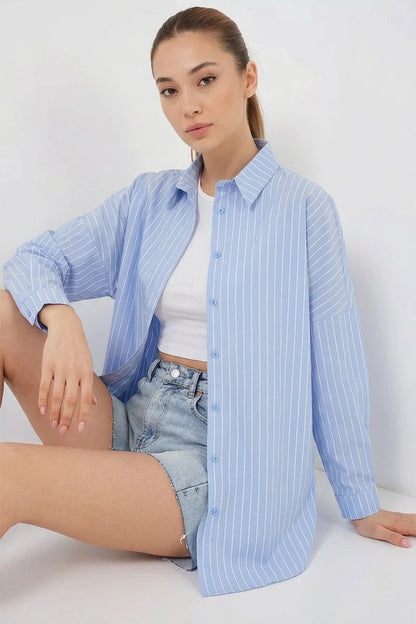 Kadın Oversize Çizgili Pamuklu Gömlek