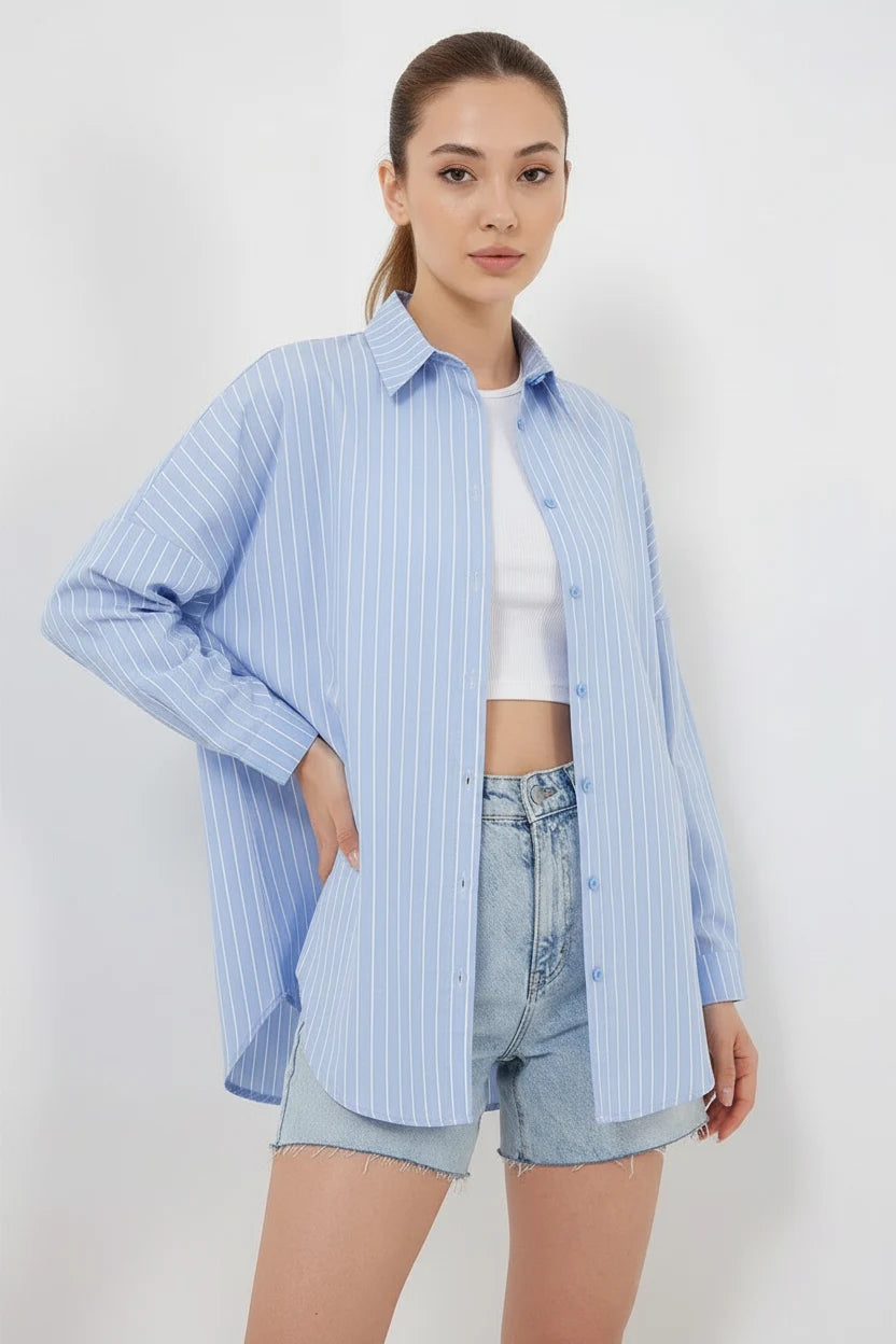 Kadın Oversize Çizgili Pamuklu Gömlek