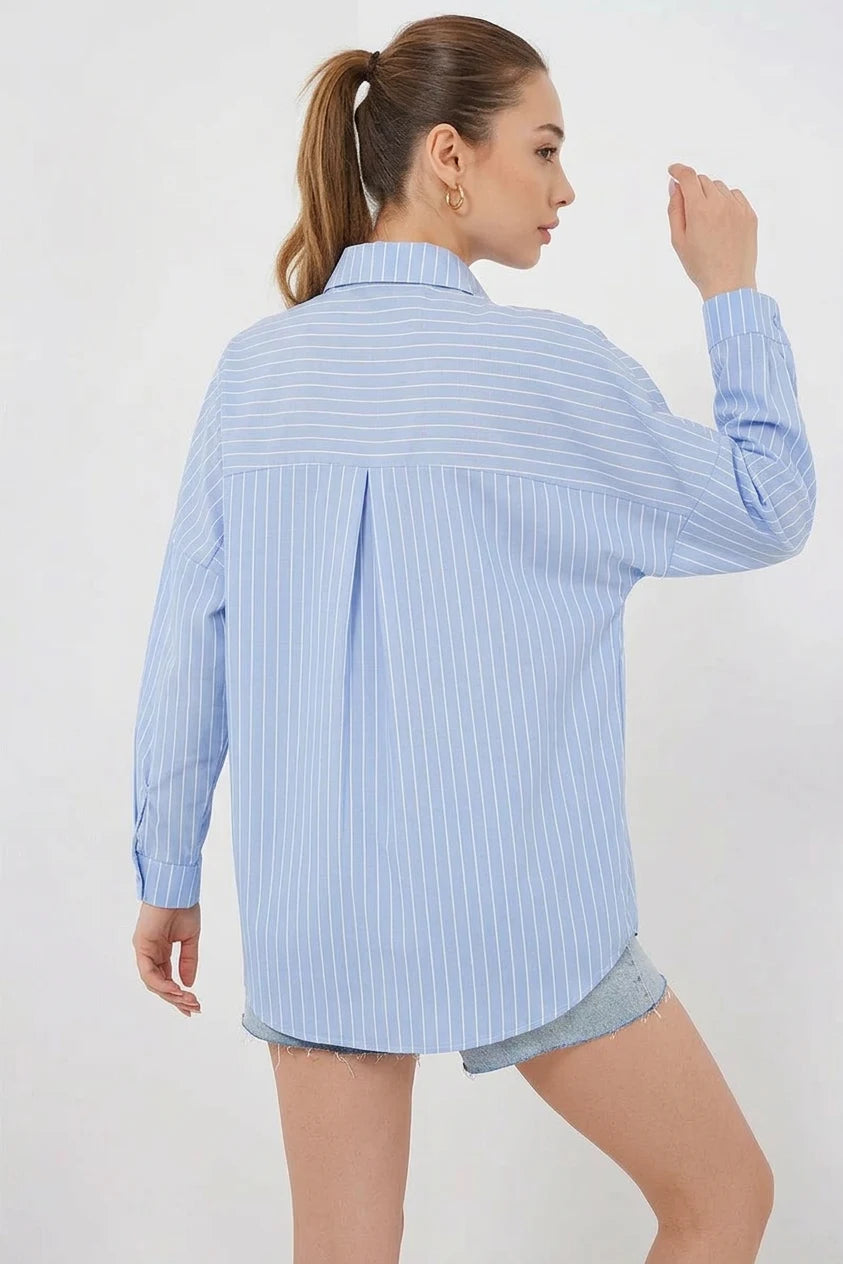 Kadın Oversize Çizgili Pamuklu Gömlek