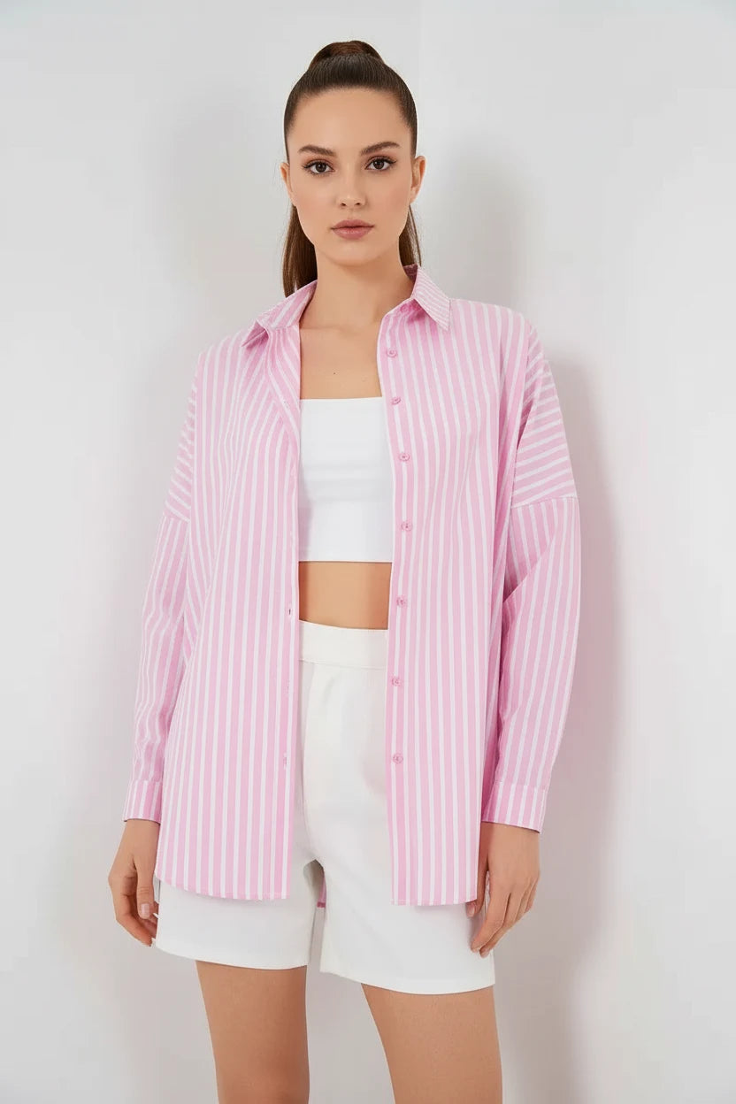 Kadın Oversize Çizgili Pamuklu Gömlek