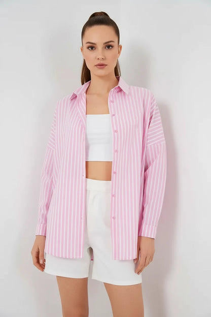 Kadın Oversize Çizgili Pamuklu Gömlek