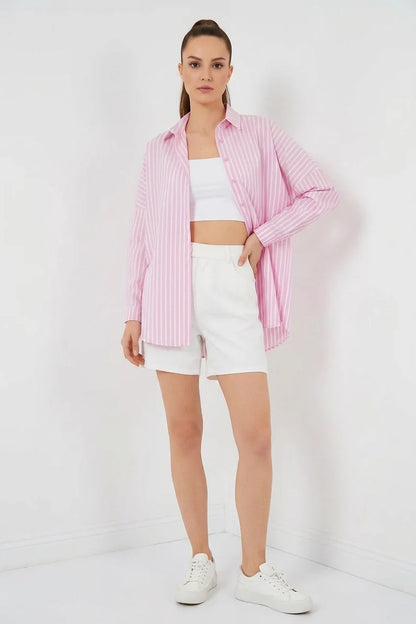 Kadın Oversize Çizgili Pamuklu Gömlek