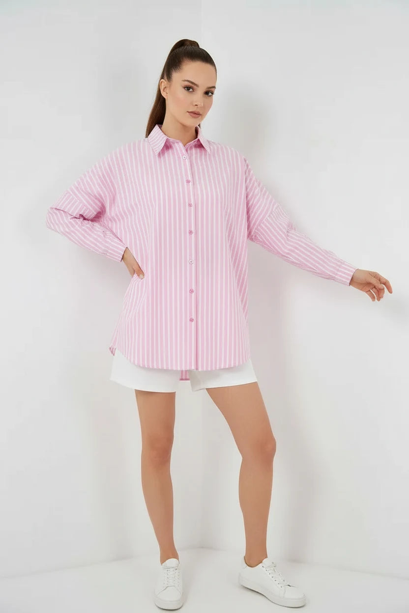 Kadın Oversize Çizgili Pamuklu Gömlek