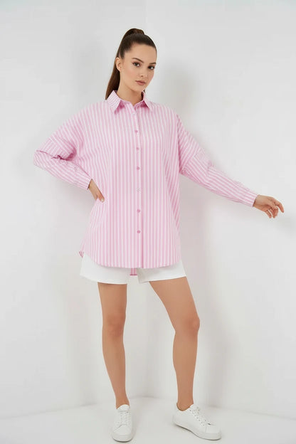 Kadın Oversize Çizgili Pamuklu Gömlek