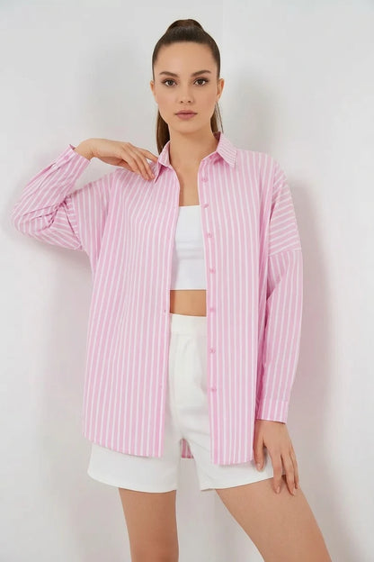 Kadın Oversize Çizgili Pamuklu Gömlek