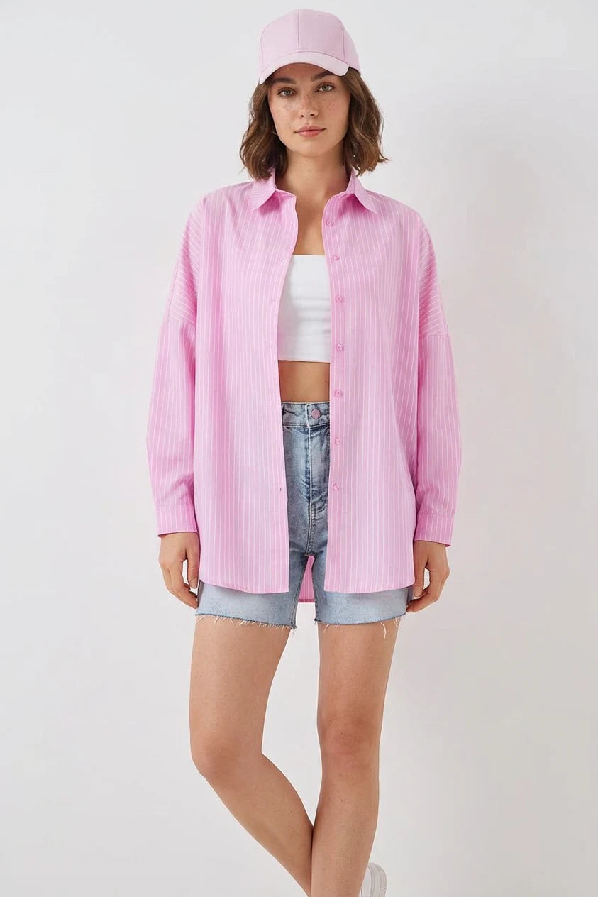 Kadın Oversize Çizgili Pamuklu Gömlek