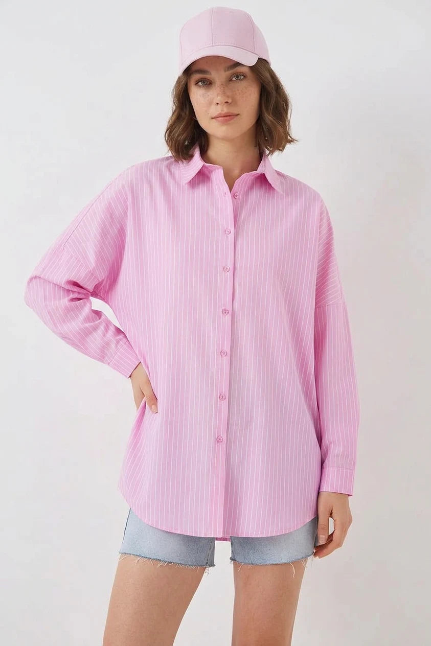 Kadın Oversize Çizgili Pamuklu Gömlek