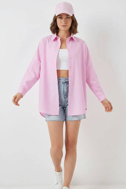 Kadın Oversize Çizgili Pamuklu Gömlek