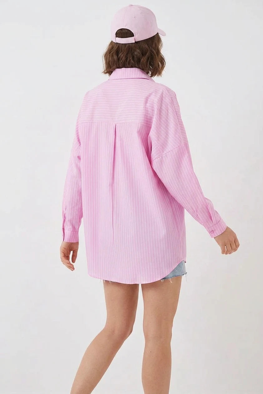 Kadın Oversize Çizgili Pamuklu Gömlek
