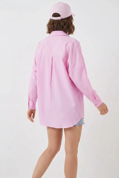 Kadın Oversize Çizgili Pamuklu Gömlek