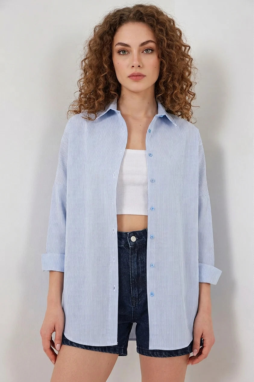 Kadın Oversize Çizgili Pamuklu Gömlek