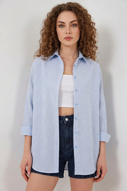Kadın Oversize Çizgili Pamuklu Gömlek