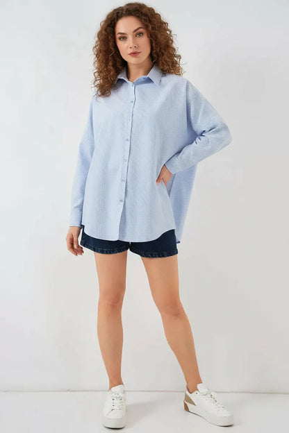 Kadın Oversize Çizgili Pamuklu Gömlek